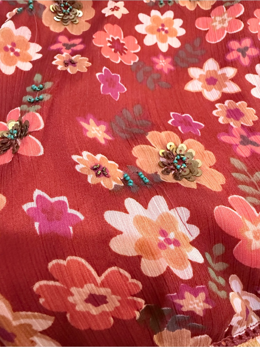 Niza Floral Button-Front Sheer Tiered Dress in Pink & Coral Size XL - Picture 8 of 10